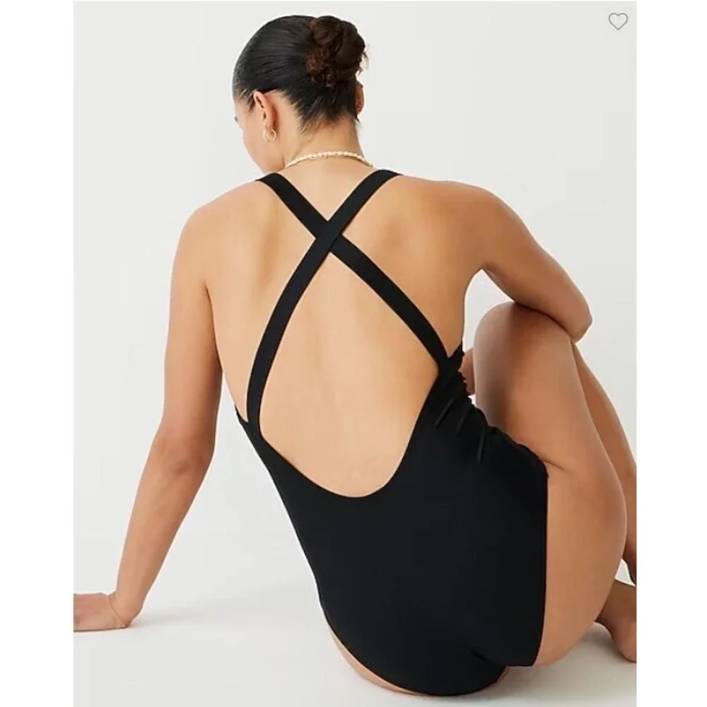 New J.Crew Women Black High Support Cross Back One Piece Swimsuit 10 Deep V-neck